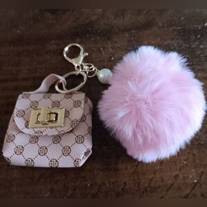 Elegant Pink and Gold Purse Keychain/Handbag Charm with Fluffy Pom Pom